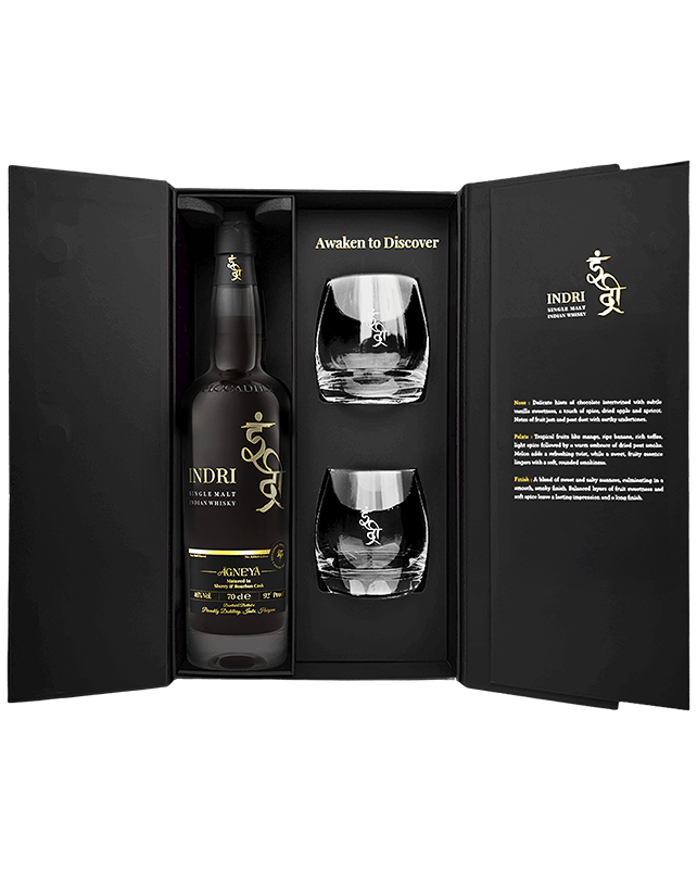 Indri Agneya Single Malt Indian Whisky 700ML Gift Pack + 2 Glasses Free